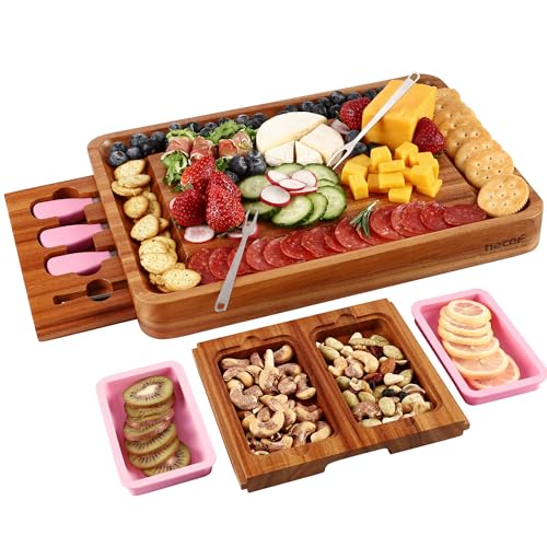 hecef Pink Large Charcuterie Board Set with Stainless Steel Cheese Knives, Cheese Board Set Wooden...
