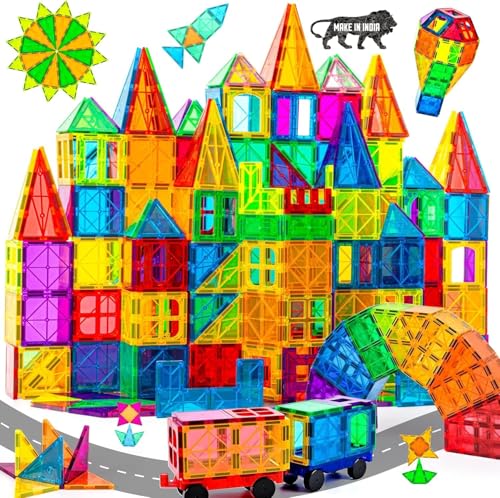 Image of ANVIE & ABEER Set of 60 Pcs Big (75mm) Magnetic Tiles with 2 Car Chassis of Random Colour | Magnetic Building Blocks | STEM Educational Construction Toy for Kids Boys & Girls
