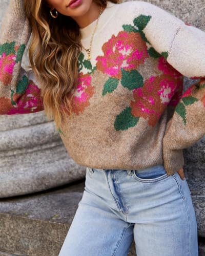 Image of Women's Flower Sweater Crew Neck Casual Long Sleeve Drop Shoulder Pullover Sweaters Knit Top