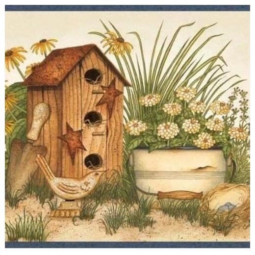 CONCORD WALLCOVERINGS ™ Classic Kitchen Wallpaper Border Featuring Birdhouses Garden Blooming Flowers and Plants in Buckets, Colors Beige Brown Green Yellow, Size 6.75 Inches by 15 Feet AAI08052B