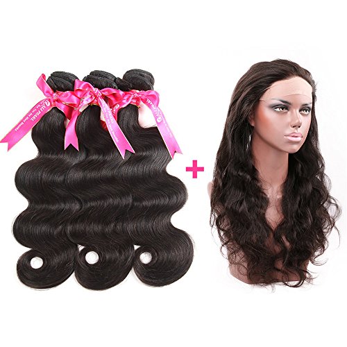 Ali Pearl Hair 360 Lace Frontal with Bundles Brazilian Body Wave Virgin Hair Bundles with Full Lace Frontal Unprocessed Human Hair with 360 Frontal Unbleached Knots Natural Color(12 14 16+10inch)
