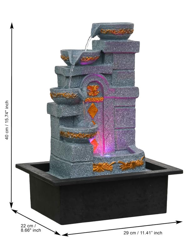 Image of Polyresin Designer Table Top Indoor Home Decor 4 Steps Waterfall Fountain with Yellow LED Lights & Water Flow Controller Pump (Size: 40 x 29.5 x 22CM | Weight: 2185grm | Color: Grey)