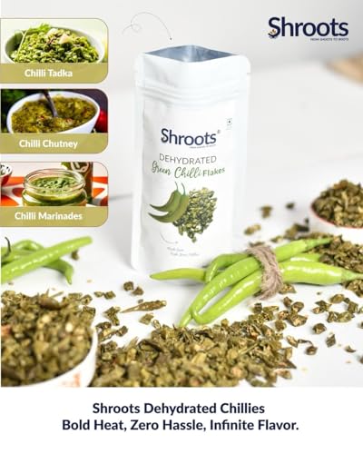 Image of SHROOTS Dehydrated Green Chilli | 100% Natural Dried Green Chilies | Perfect for Cooking, Seasoning and Spice Mixes | 35g Each, (Pack Of 1)
