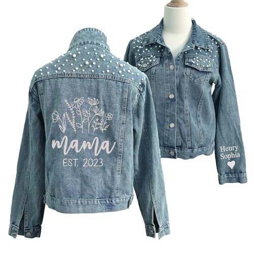 Customized Mama Denim Jacket With Pearls, Embroidered Jacket For, Personalized Mom Floral Denim Jacket Pearls, Custom Kids Names On Sleeve, Embroidered Denim Jacket4