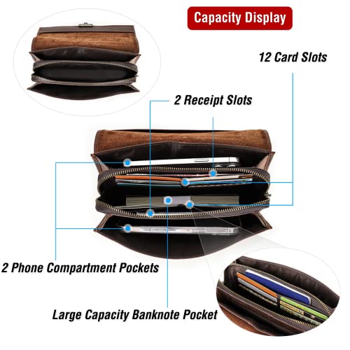 Image of Top Grain Genuine Leather Clutch Wallet with Wristlet for Man & Woman, Handmade Vintage Design, Combination Lock & Multi Pockets /Slots, RFID Large Capacity for Card /Check /Banknote /Passport, Red Brown