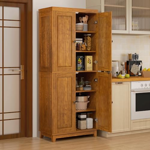 HOMCOM 72.5" Kitchen Pantry Storage Cabinet, Freestanding Kitchen Cupboard with 4 Doors and Adjustable Shelves for Dining Room, Pine Mahogany