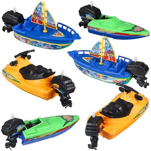 TOYANDONA 6Pcs Boat Bath Toys, Speedboat Wind Up Bath Toys Plastic Boats Floating Bath Toy Boats Bathtub Toys for Baby Toddlers Kids Pool Toys for Outdoor Water Play (Random Color)
