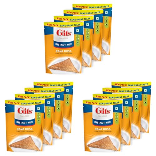 Image of Gits Instant Rava Dosa Breakfast Mix, Makes 8 per Pack, Pure Veg, South Indian Recipe, 800g (Pack of 12, 200g Each)