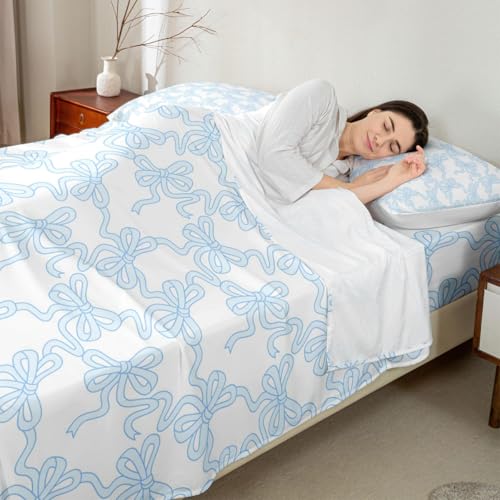 Image of Castle Fairy Blue Bowknot Bed Sheet Set Twin Size,Coquette Bowtie Ribbon Sheet Set Kids Teens,Dreamy Princess Style Cute Bow Bedding Decor Set with 1 Flat & 1 Fitted Sheet with 1 Pillow Sham