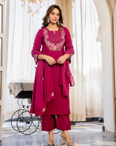 Image of KLOSIA Women's Embroidered A-Line Kurta Set with Dupatta | Floral Embroidery Ethnic Suit Set | Kurta Pant Set for Women | Festive, Wedding