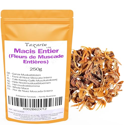 Tazarin LTD - 250g Macis Entier - Fleurs de Muscade Entières - Arôme & Goût Intense - 100% Naturel, Pur et Sans Additifs | TazarinLtd