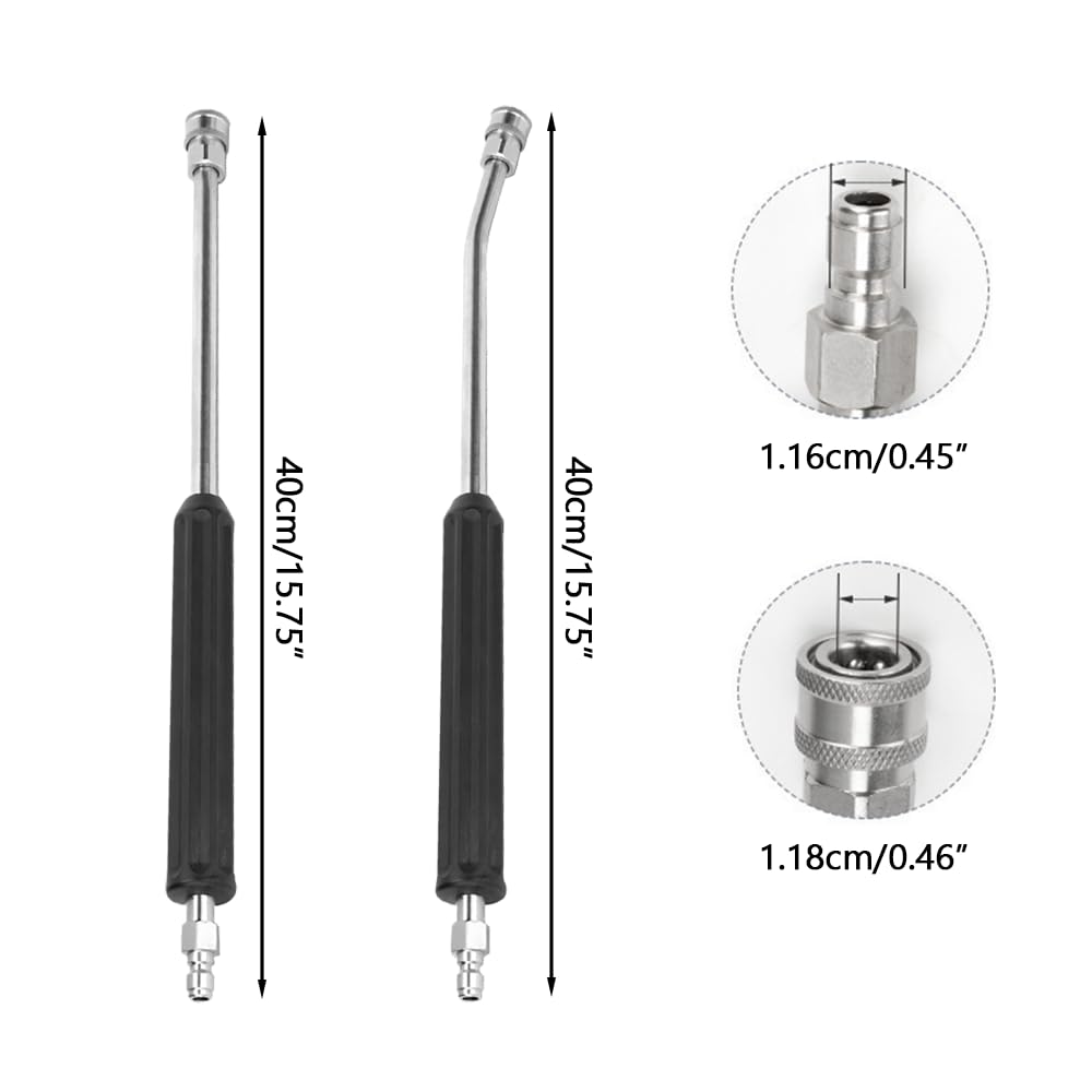 Bacchette di estensione per idropulitrice, 2 pezzi da 40,6 cm in acciaio inox, 1/4 di pollice a connessione rapida, bacchetta curva e dritta per idropulitrici