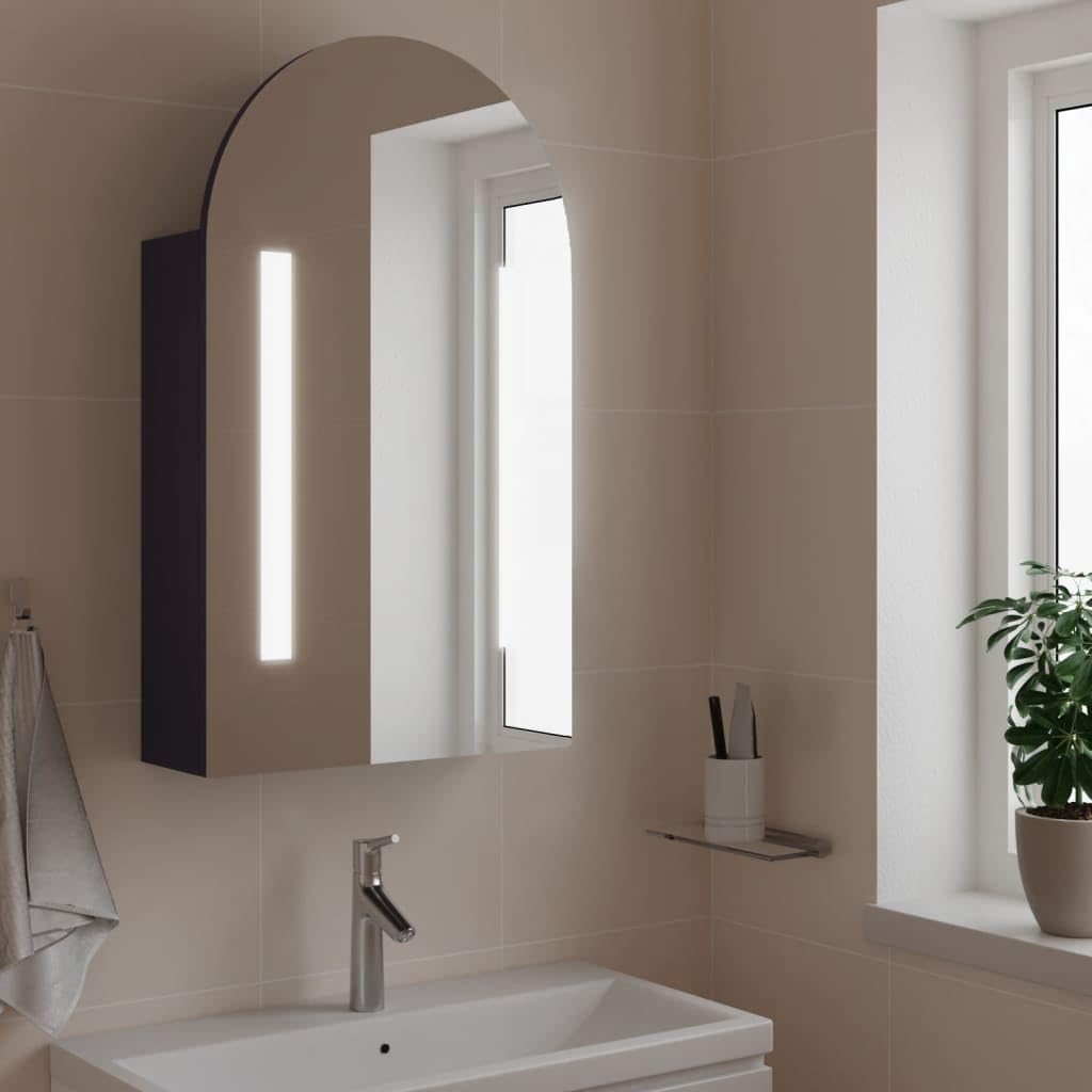 Armoire de salle de bain avec miroir, éclairage LED, bombée grise, 42 x 13 x 70 cm, en matériau dérivé du bois, avec étagères, montage mural pour salle de bain