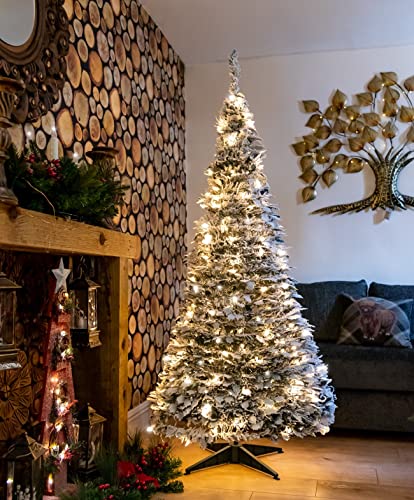 5Ft/150cm Prelit Pre Decorated Pop up Snow Flocked White Christmas Tree Xmas Home Indoor LED Warm White Lights Decorations
