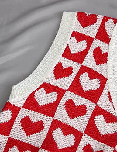 Safrisior Women Cute Heart Checker Print Sweater Vest V Neck Color Block Sleeveless Pullover Knit Tank Top 90S E-Girls Red #TOP3