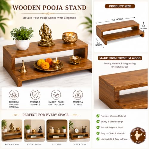 Image of Kamdhenu Wooden Pata Chowki for Pooja |2 Step Pata Chowki Decorative bajot for Sitting Pooja Temple Stool for Mandir| Wooden Bajot Chowki for Temple, Home & Decorative Use (15 x 8 x 3.5 Inch)