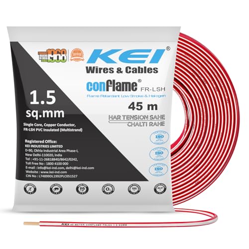 Image of KEI CONFLAME FRLSH 1.5 sqmm 1 Core Copper Heat Resistant Flame Retardant Low Smoke & Halogen - Lead Free House Wire for Domestic & Industrial Electrical Wiring (Red, 45 Meters)