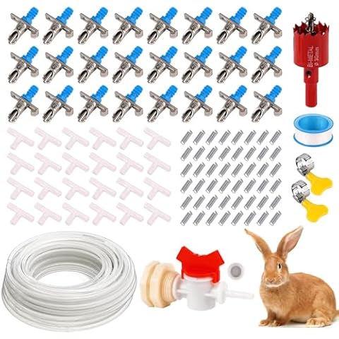 ZHEQOGZH Automatic Rabbit Watering System, Automatic Rabbit Water Nipple Drinker Rabbit Waterer Kit System Gravity Fed Include 24 Sets of Rabbit Nipples Waterer and 46 Feet of ID 5/16" Hose Cover