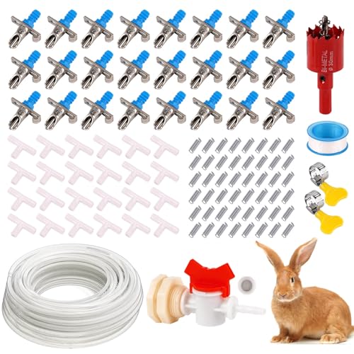 ZHEQOGZH Automatic Rabbit Watering System Rabbit Waterer Kit System Gravity Fed Include 24 Sets of Nipple Drinkers and 46 Feet of ID 5/16 Hose