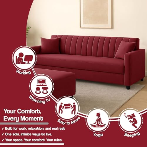 Image of 5 Seater Wooden Sofa Set 3+2 with Ottoman, Premium Velvet Fabric Comfortable Seating, Modern Space Saving Design for Living Room, Office and Guest Room - Red