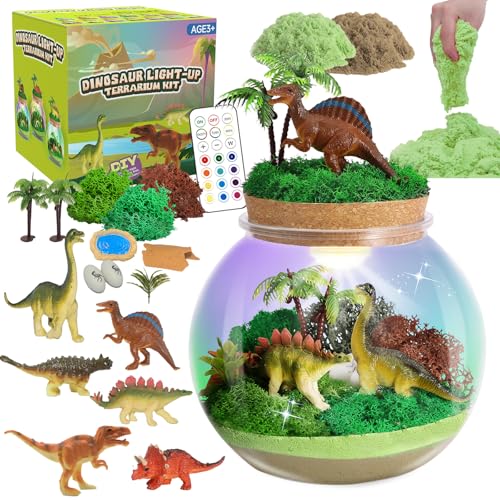 kiddgroo Dinosaur Light-Up Terrarium Kit for Kids- Birthday Gifts for Boys Ages 4 5 6 7 8-12 Year Old- Dinosaur Toys for Boys with Multicolor LED Light & Remote