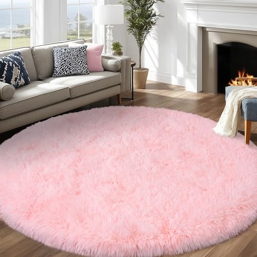 7Ft Fluffy Pink Round Rug for Girls Bedroom Kids Room, Washable Non-Slip