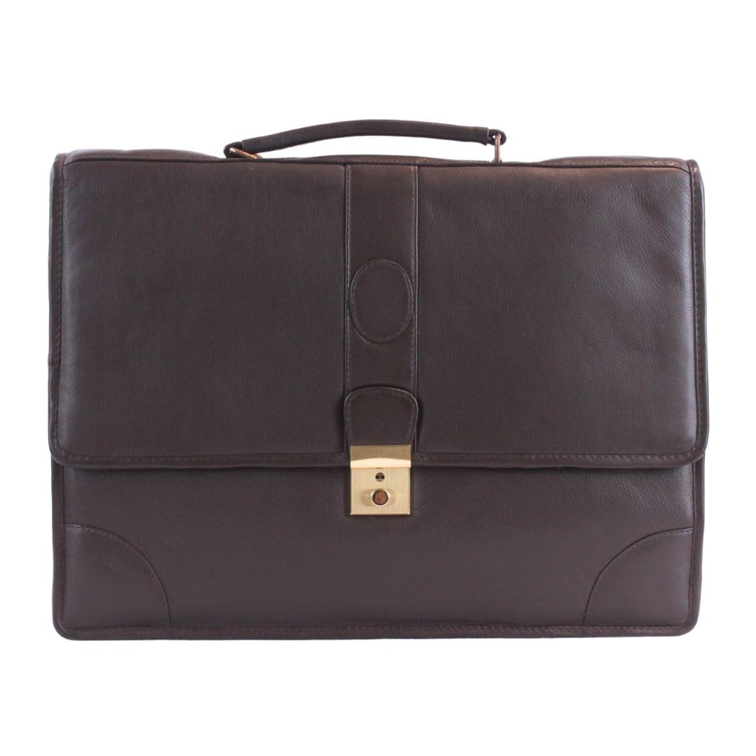 Luigi Genuine Leather Men’s Briefcase – 4 Compartments, Buckle Lock with Key, Inside Zipper Pocket, Golden Zipper, Organizer Section, Detachable Shoulder Strap (Brown)