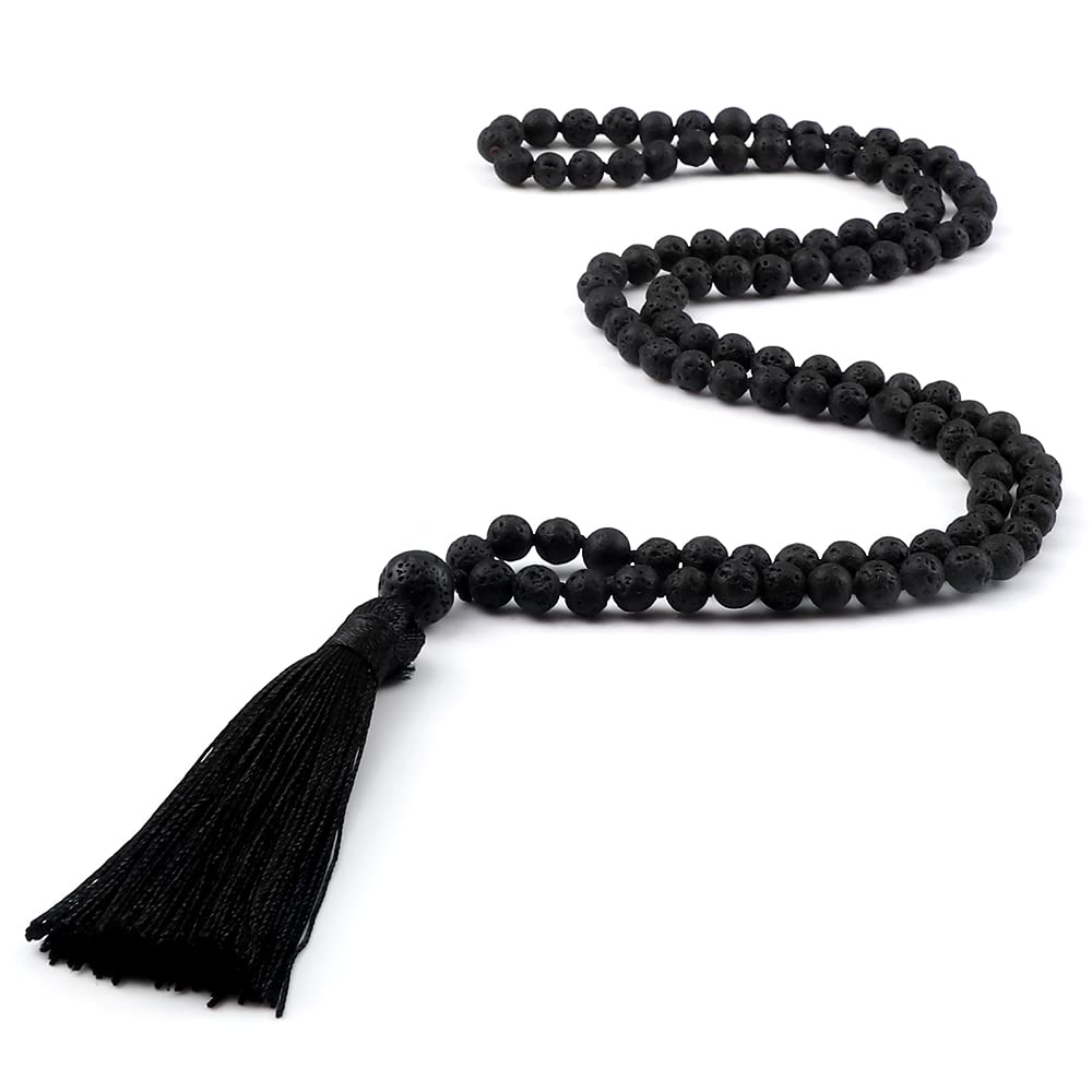 HXSCOO 108 Beads Prayer Necklace Natural Green Stripe Onyx Stone Buddhist Buddha Meditation Bead Mala Necklace Jewelry Gifts (Color : Black Lava)