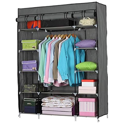 Portable Clothes Wardrobe, Foldable Closets for Bedroom with 5 Layers 12 Compartments,133x46x170cm, Closet with Hanging Rail, Shelves, Fabric Cover (Gray) Cover