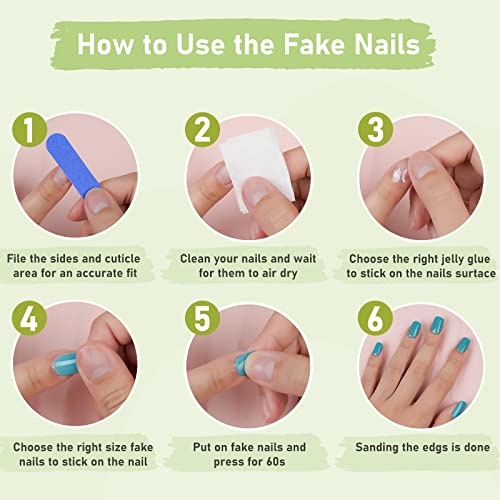 Press On Nails Short Square, Green Soft Gel Fake Nails For Women Fit & Natural, Stick On Nails Acrylic Reusable, 24Pcs Cute False Nails With Design Glue Art Kit #TOP5