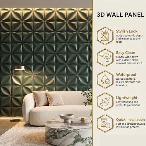 Image of Kayra Decor 3D PVC Wall Panels for Bedroom Bloom Design Olive Green Color 19.7 inch x 19.7 inch (Pack of 40) - Covers 107.80 Sq. Ft.
