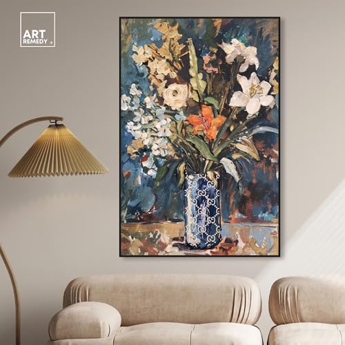 Image of Art Remedy Blue Floral Vase Canvas Floral Vase Wall Art, Black Frame, 36 inch x 54 inch
