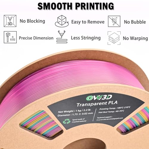 Image of OVV3D Transparent Rainbow PLA Filament 1.75mm, Multicolor Purple Green Orange Translucent 3D Printer Filament, Clear PLA Gradient Color Change, Spool 1KG, + /- 0.02 mm, Fit Most FDM 3D Printers