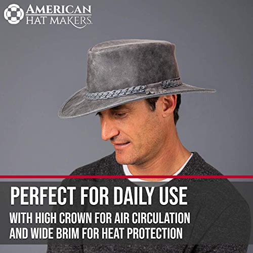 American Hat Makers Crusher Premium Leather Outback Hat – Cowboy Hats For Men & Women – Handcrafted, Packable Wide Brim Hat – Leather Western Gifts – Grey Cowboy Hat #TOP4