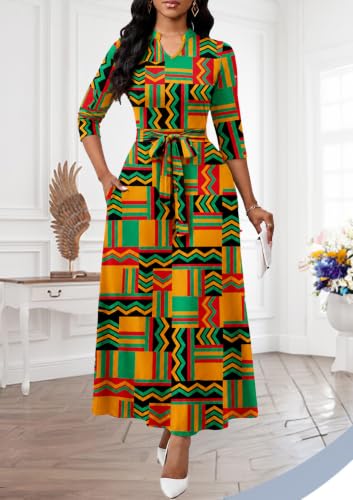 Image of BubFee Maxi Dresses for Women Semi Formal Long Dress 3 /4 Sleeve Casual A-line Church Dresses with Pockets