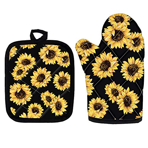 BIGCARJOB Yellow Sunflower Oven Mitt Pot Holder Set Pack of 2Heat Resistant Cotton Oven Mitts and Potholders Hot Pads Mats Coasters Set for Cooking Baking