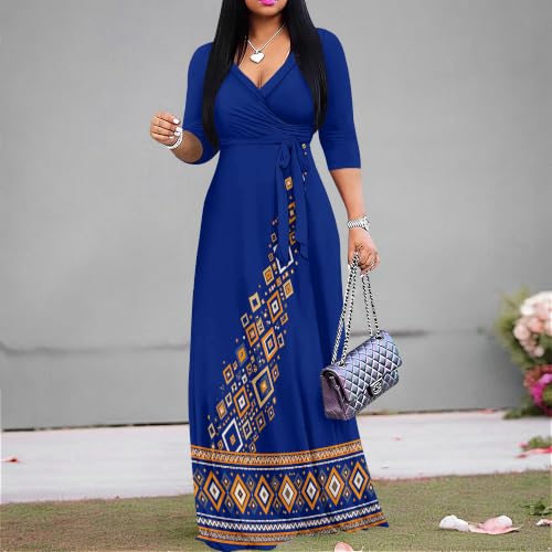 Image of Plus Size Maxi Dress for Women V Neck 3 /4 Sleeve Wrap Dress Blue Tribal S | Blue Tribal Geometric Women's Maxi Dress