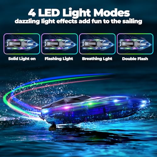 Remote Control Boat for Kids, 2Pack RC Boats with LED Lights for Pools Lakes River & Bathtub, 2.4Ghz Control, Whole Body Waterproof, 2 Rechargeable Batteries Summer Water Toys - Image 4