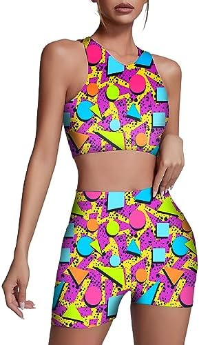 Arssm 80s Theme Women’s 2 Piece Outfits Retro Workout Yoga Outfits Neon High Waist Running Shorts Gym Yoga Sports Bra