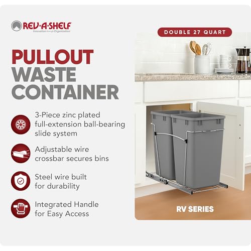 Image of Rev-A-Shelf Double Pullout Garbage Trash Cans for Kitchen Cabinets, 27 Qt