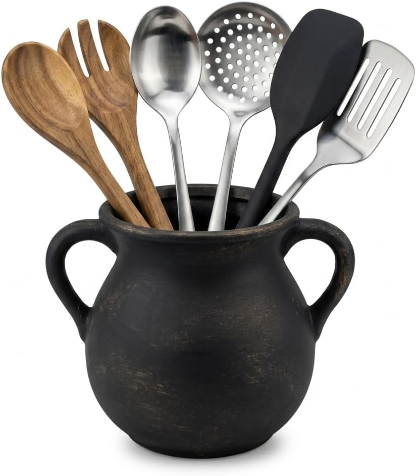 Rustic Farmhouse Utensil Holder for Countertop, Ceramic Crock for Kitchen Utensils, Vintage Vase for Flowers, Sturdy Pitcher with Side Handles, Kitchen Organization and Decor, Black