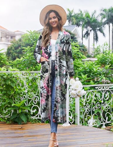 Image of Ekouaer Women Kimono Robes Full Length Knit Bathrobe Lightweight Soft Sleepwear V-neck Casual Ladies Loungewear S-XXL
