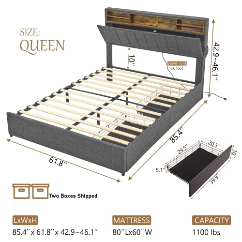 Queen Bed Frame With Tall Bookcase Headboard And Charging Station, Led Bed Frame With 2 Storage Drawers, Upholstered Mattress Foundation With Wooden Slats Support, No Box Spring Needed,Dark Grey #TOP1
