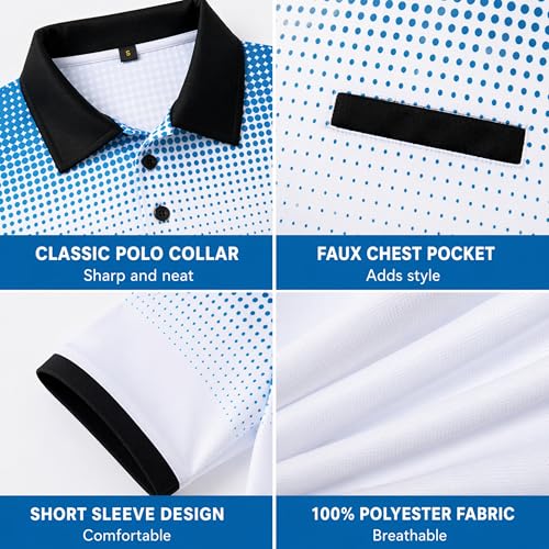 Polo para hombre manga corta con estampado de puntos, 100% poliéster sin arrugas para golf, informal de negocios y uso de verano miniatura 6