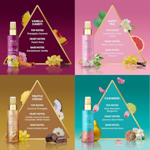 so unique body mist set - perfumes for women - body spray for women - vegan cruelty free - travel size gift set - 650 to 1000 sprays - 4 pcs
