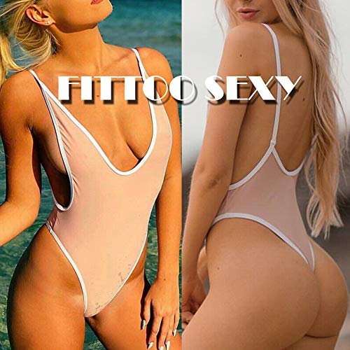 FITTOO Women Monokini Retro Thong One Piece Swimsuit Deep V High Cut Sexy Trikini Push up Strappy Backless XL Baby Pink