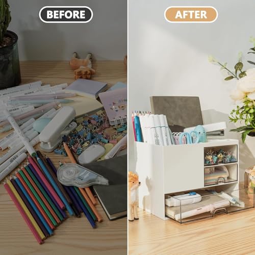 Image of UCRAVO Multifunction Desk Organzier with Drawers, Cosmetic /Makeup Vanity Organizer Box, 3 Drawers Plastic Stationary Storage Organzier, Desktop Storage Drawers for Office Supplies,School,Home (White)