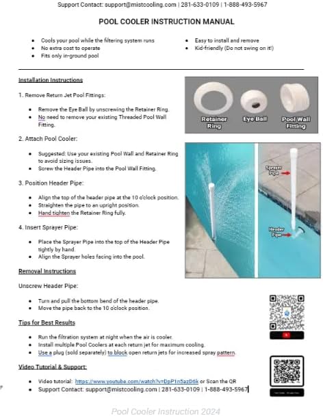 Diagram showing installation steps for the Pool Cooler, including removal of eye ball and retainer ring, and attachment of header and sprayer pipes.