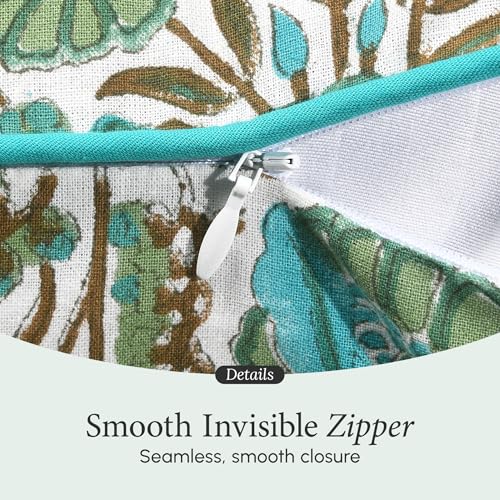 CPC Aqua Green Floral Printed Throw Square Cushion Covers - 24x24 Inch 100% Cotton Washable Decorative Couch Pillows Covers for Living Room Bed Sofa and Outdoors Spring, Easter, Valentines Gift