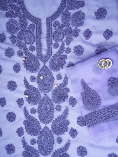 Image of Ada Hand Embroidered Lucknow Chikankari Unstitched Georgette Dress Material Suit Set for Women
